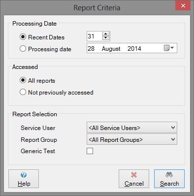 Criteria dialog, shown below. If the search results in no new reports, you will see a message in the main tool bar telling you that the reports list is up to date.