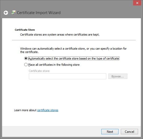5. Press the Install Certificate button. This should load the Windows Certificate Import Wizard. Press next on the first screen of the wizard to reveal the following: 6.