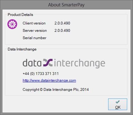 1.5 Help - About dialog Help About dialog The menu bar of both SmarterPay applications has a Help option, which in turn has an About option.