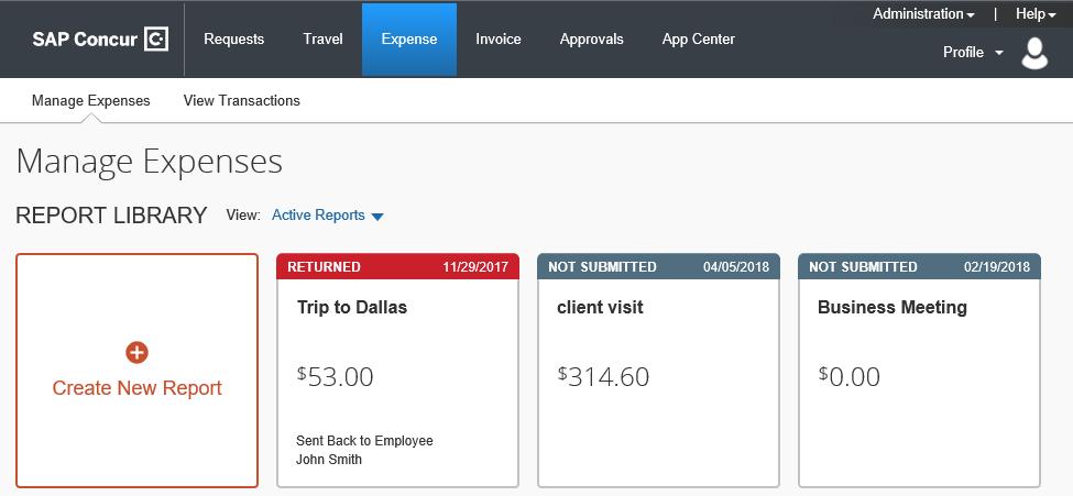 Creating a New Expense Report To create a new expense report 1. Either: On the SAP Concur home page, on the Quick Task Bar, place your mouse pointer over New, and then click Start a Report.