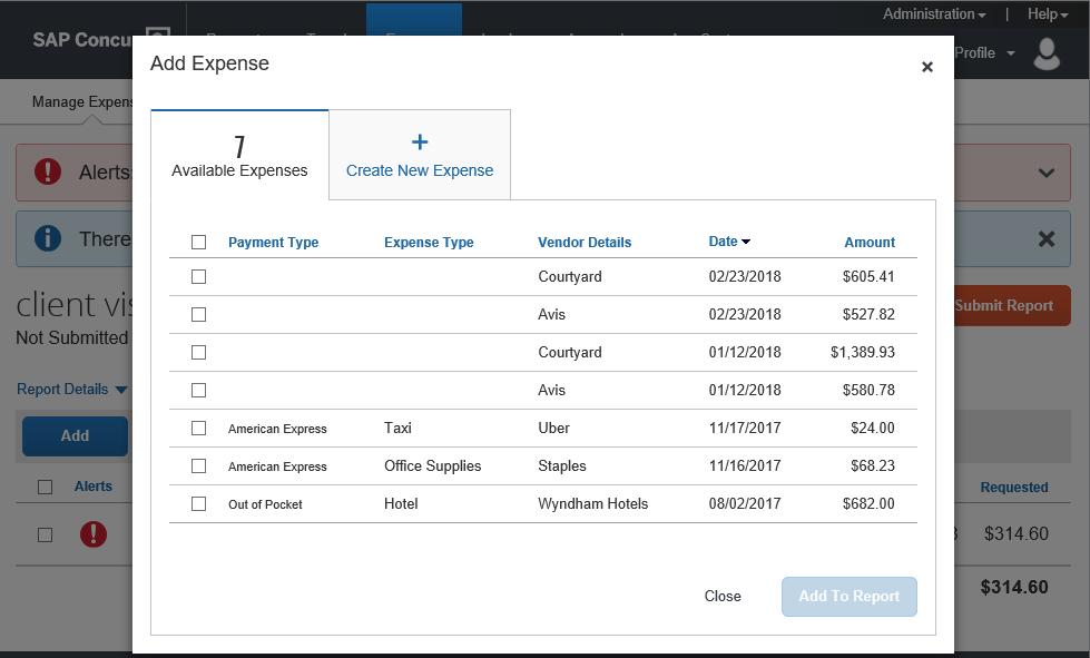 Adding Card Transactions to an Expense Report On the SAP Concur home page, you can view a list of any unassigned credit card transactions in the Available Expenses section.