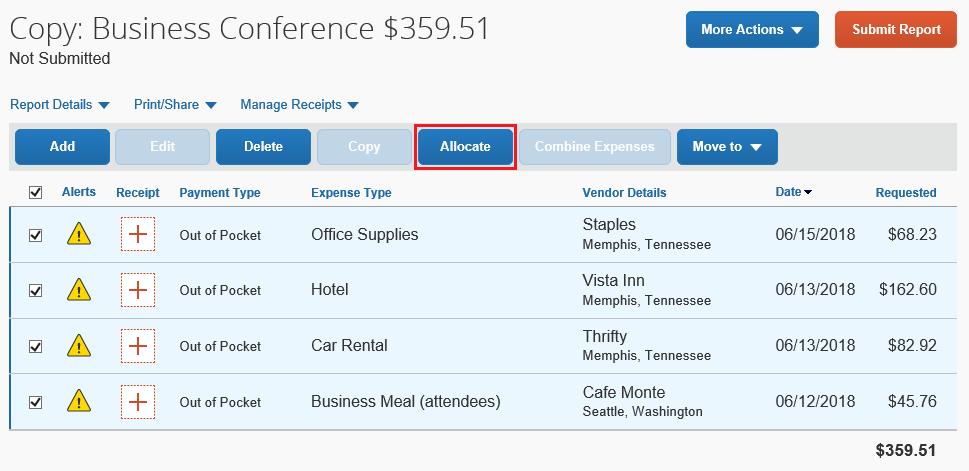 Allocating Expenses You can allocate expenses to projects or departments, which will be charged for those expenses. You can allocate a single expense or multiple expenses.