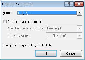 Figure 11: Caption dialogue box Word Processing for Dissertations You can also choose the numbering type by clicking on the Numbering button. The Numbering dialogue box will open, Figure 12.