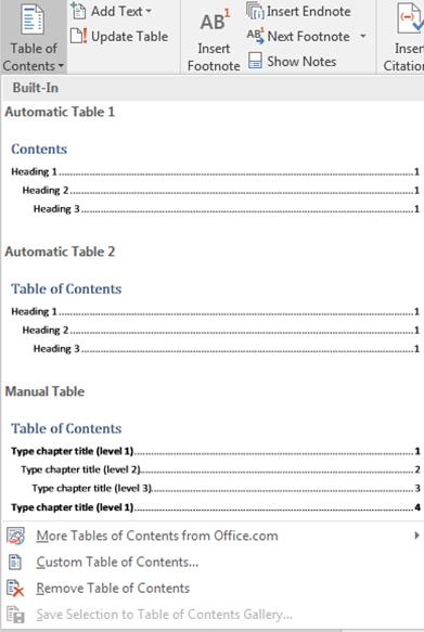 Then from the References tab, Table of Contents group click on the Table of Contents command and a drop-down menu will be displayed Figure 17.