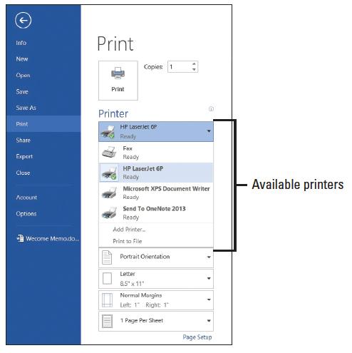 Step by Step: Choose a Printer USE the document that is open from the previous exercise. 1. Click the File tab, and then click Print. 2.