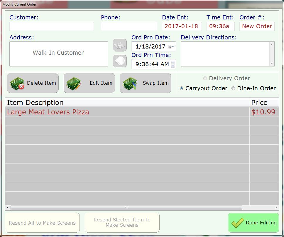 The item is added directly to the order (no modifiers screen) because that is how it has been setup in the database.