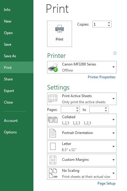 PRINTING WORKSHEETS You can change your print options on the Print tab of Backstage