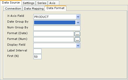 Setting Data formats On this tab, we set data format for fields placed on Group Axis. Figure 4: Setting data format X-Axis Field: Select the field for which data format is being setup.