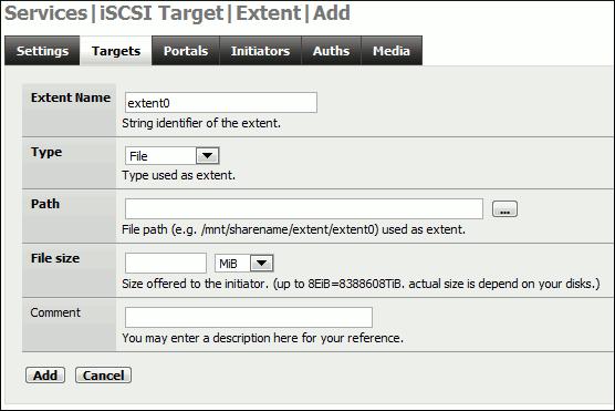 2018/08/11 20:10 13/18 XigmaNAS Guide for creating an iscsi target from a ZFS volume Create an Extent To create an iscsi Target you must create an Extent first. 1 - Go to the Targets Tab.