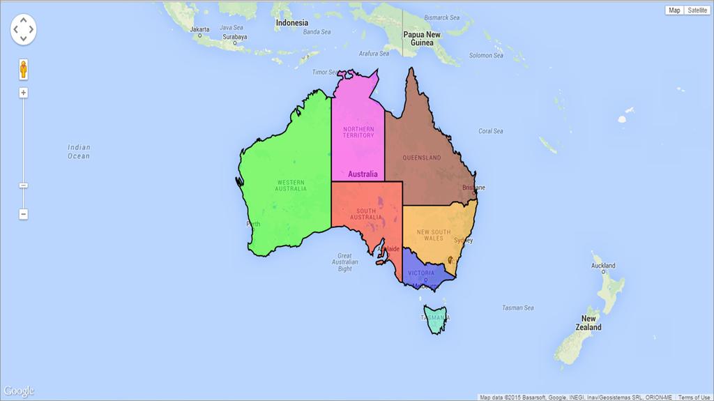 Create a basic map of Australia which is centered at lat:-28, lng: 137.883 with zoom 4. 2.
