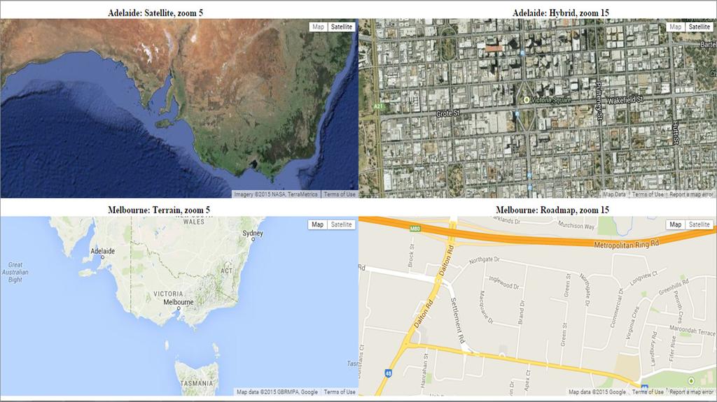 Two different map centre locations. Caption each map so that users can identify the centre, zoom level and map type.