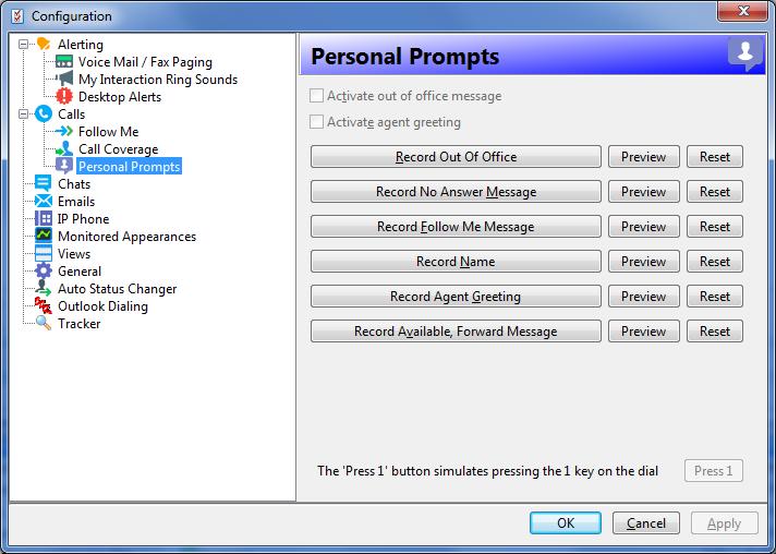 Configuration: Personal Prompts Personal Prompts allow you to override the default greetings. Record using phone.