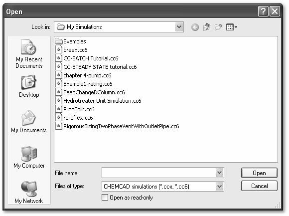 Working with Simulation Files Figure 4-01: Stand-alone CHEMCAD 6 files in the My Simulations directory User Components in CHEMCAD Example Files Another departure from previous versions of CHEMCAD is