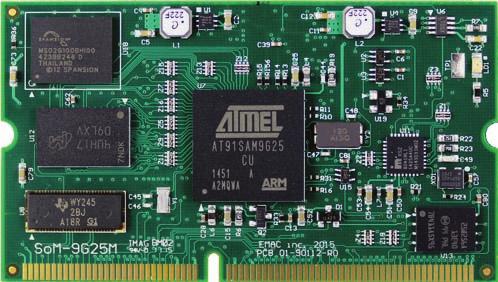 SoM-9G25M Embedded System on Module (SoM) Features Atmel ARM9 AT91SAM9G25 400 MHz Up to 128 MB DDR2, Up to 32 MB Serial Data Flash SD/MMC Flash Card Interface on Carrier Up to 512 MB NAND Flash