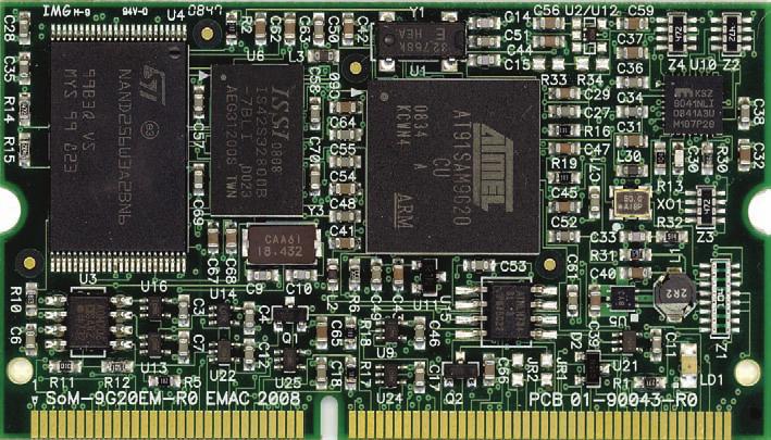 SoM-9G20M Embedded System on Module (SoM) Features Atmel Jazelle ARM9 AT91SAM9G20 400 MHz 64 MB of SDRAM, 133 MHz SDRAM Up to 1 GB NAND, Up to 8 MB Serial Data Flash Ethernet, A/D, SPI, I2C, I2S PWM,