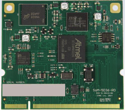 SoM-A5D36 Embedded Atmel ARM Cortex A5 ATSAMA5D36 Features Atmel ARM Cortex A5 536Mhz Processor 512 MB of LP DDR2 RAM 4 GB of emmc Flash, 16MB Serial Data Flash Ethernet, A/D, SPI, I2C, I2S, PWM,,