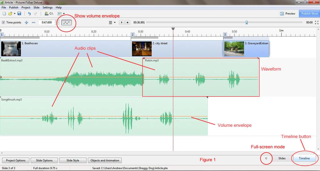 Click OK to return to timeline view and see the result. There should be two audio clips back to back in Track 1 and one in Track 2 as shown in Figure 1.