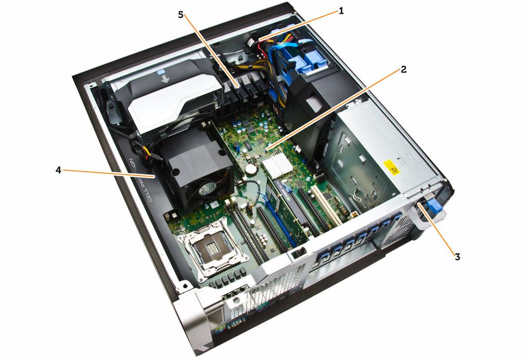 Figure 3. Inside View of T7810 Computer 1. speaker 2. system board 3. power-supply unit 4. memory shroud 5. PCIe card retention Removing the Power Supply Unit (PSU) 1.