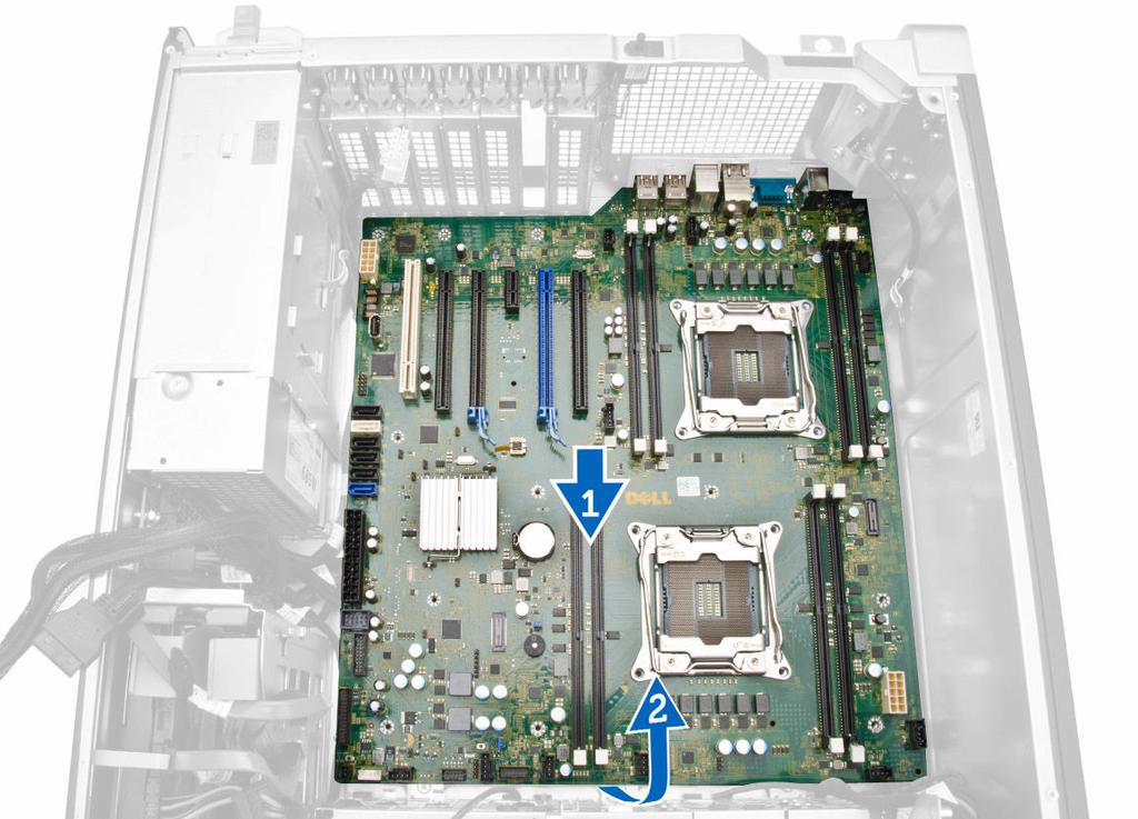 5. Slide and lift the system board in an upward direction [1, 2]. 6. Remove the system board from the computer. Installing the System Board 1.