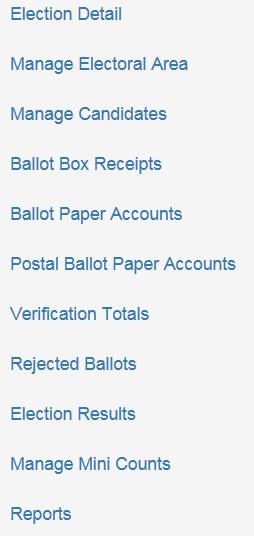 Manage Elections Manage Elections has a number of drop-down options: Election Detail allows the User to update votes