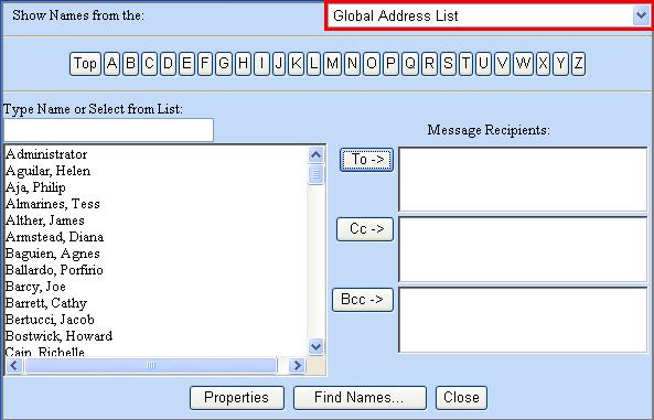 2. In the top of the Find Names In option make sure you select Global Address List from the drop down menu.