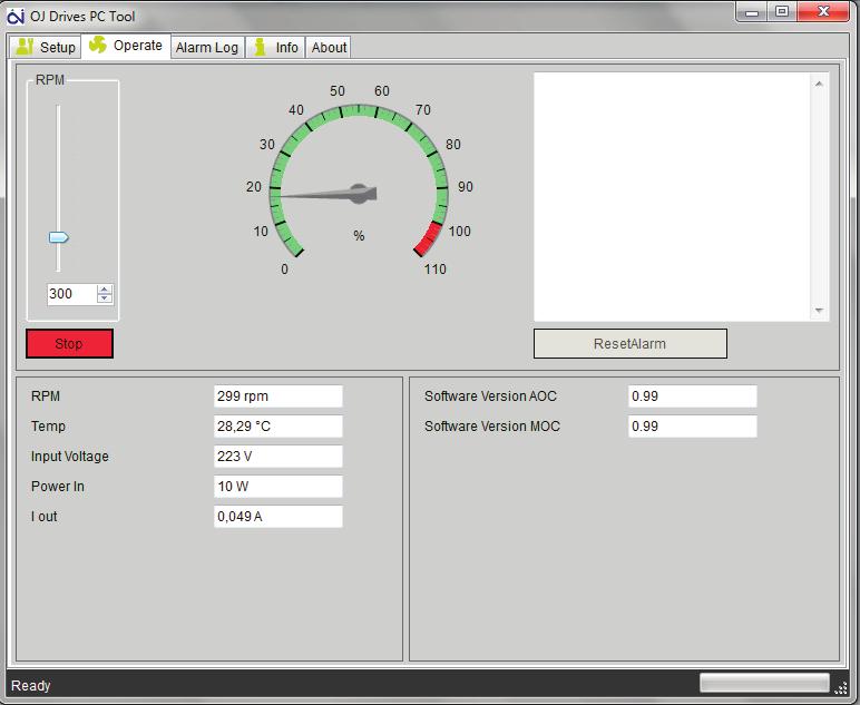 Info: View drive software version no., type of connected OJ-DV and alarm log About: View OJ Drives PC-Tool version no.