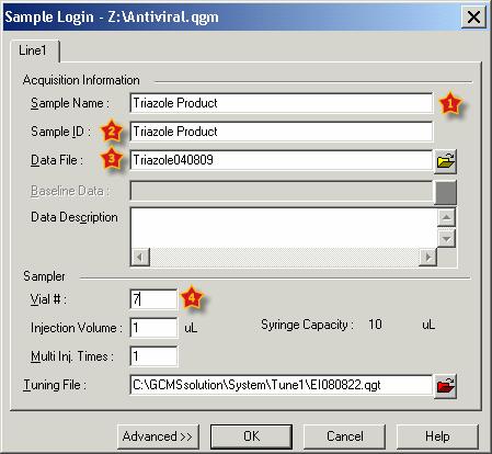 Complete Sample Login Window Enter a sample name (1), sample ID (2), and data file name (3) of your choosing.