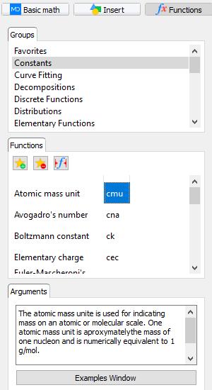 2.3.3 Functions Functions area contains lists of all functions that can be used in MatDeck. The area is divided inn three ribbons: Groups ribbon, Functions ribbon and Arguments ribbon.