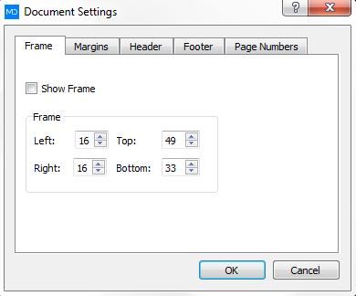 -To change the frame via the document settings press the Frame icon Here you can choose to show the frame or not, further more you can positions the