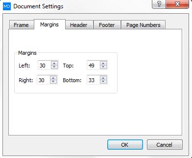 Picture 26: Document settings - frame - To change the margins via the document settings press the Margins icon You can position the margins where you