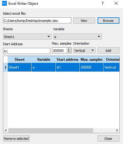 an excel cell from which the data will be written and select Max. Samples value. We suggest leaving this value to a default. Select Orientation and press Add button.