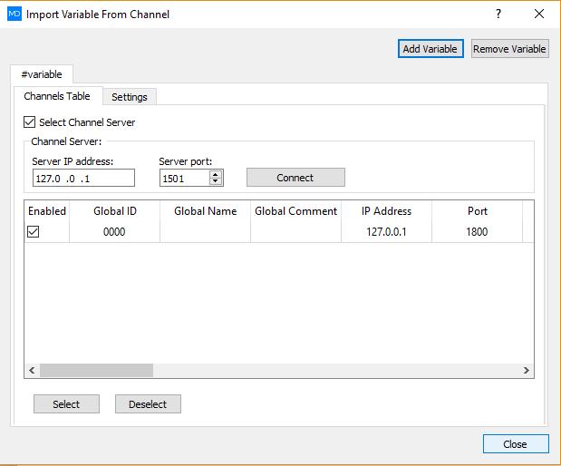 Picture 156: Channel import variable Channel Table tab The Properties option opens a window shown on Picture 156 from which you can import and remove variables by pressing the buttons Add Variable