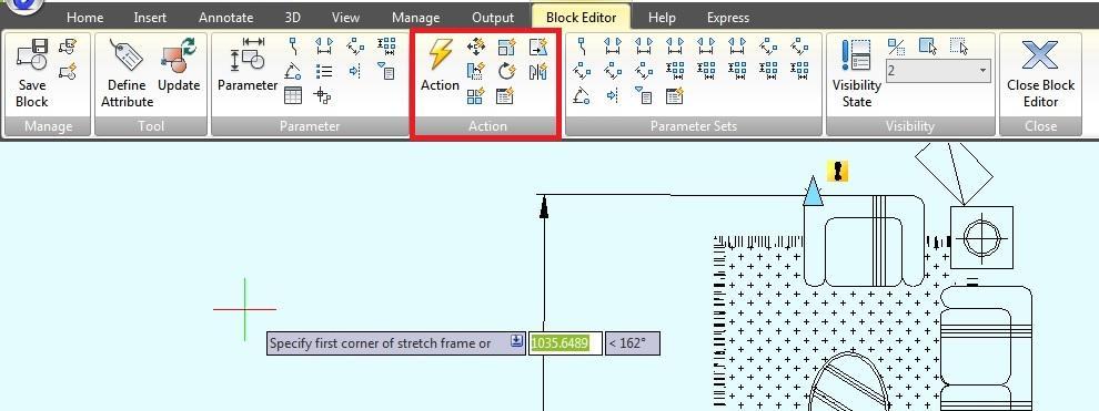 Knowing more about actions in dynamic block editor Actions define how the geometry of a dynamic block reference will move or change when the custom properties of the block reference are manipulated