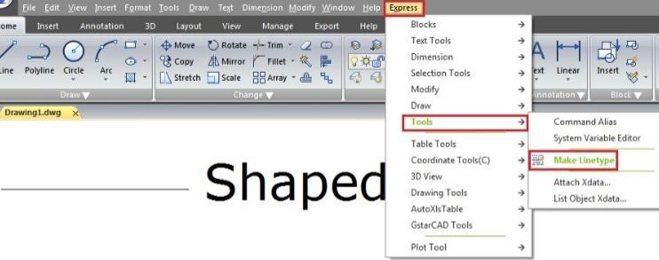 To convert those object in to a custom linetype. 1. Access from Menu: Express>Tools>Make Linetype.