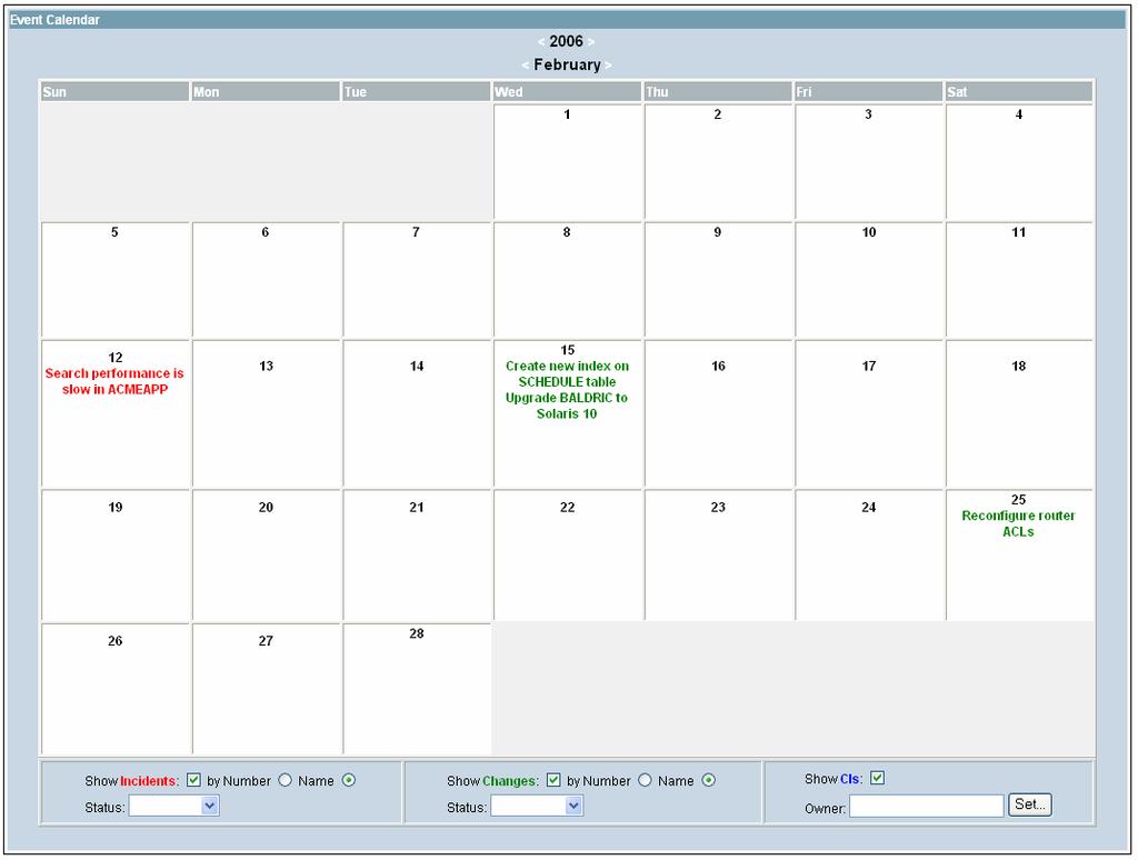 The Event Calendar can plot Changes, Incidents and important CI