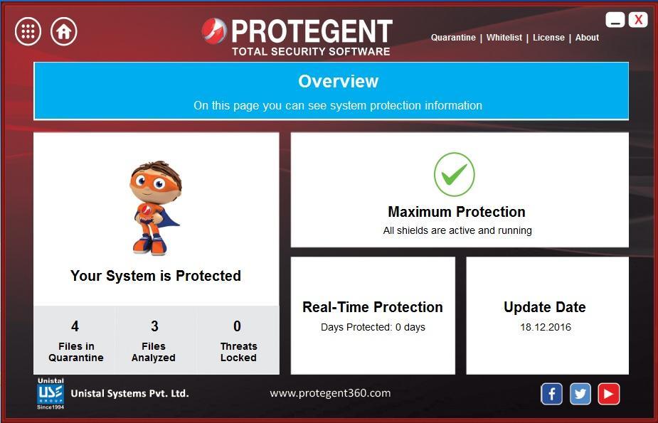 PROTEGENT TOTAL SECURITY OVERVIEW The Protegent Total Security overview screen contains different options as shown below.