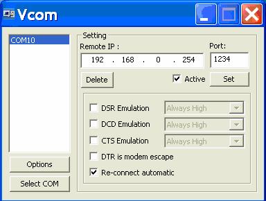 After selecting a COM port number, enter the remote IP address and TCP port number of the Device Server in the boxes on the right.