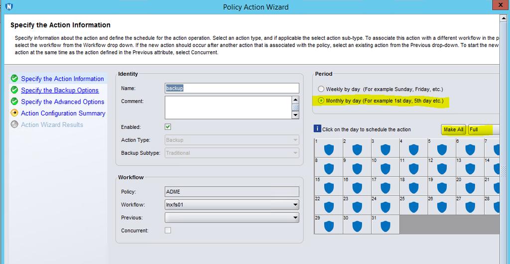 NetWorker Policy Setup Requirements with ADMe Figure 10 Specify the Backup Options page In the Overrides field, copy and paste the dates on which you want to perform a periodic full backup.