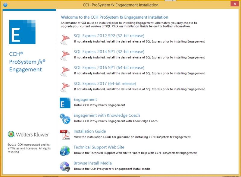 The following options are available from the launch screen: SQL Express 2012 SP2. Installs the Engagement SQL database instance using SQL Express 2012.