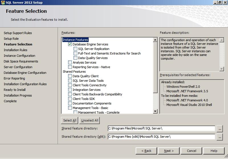 9. Select Database Engine Services and Management Tools on the Feature Selection screen. 10. Click Next to continue.
