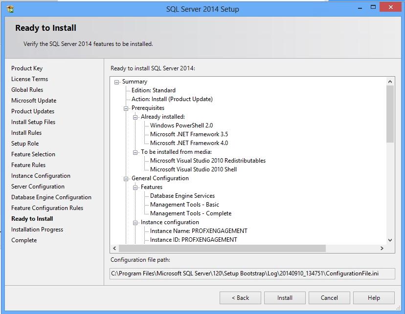 20. The Ready to Install page shows a tree view of installation options that were specified during Setup. Verify the features to be installed, and then click Install to continue.