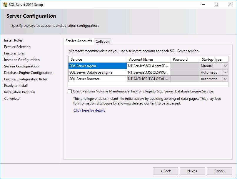 13. On the Service Accounts tab of the Server Configuration page, verify the SQL Server Database Engine and SQL Server Browser Startup Type is set to Automatic.