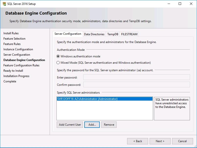 16. On the Database Engine Configuration page, select Windows authentication mode and add the BUILTIN\Administrators to