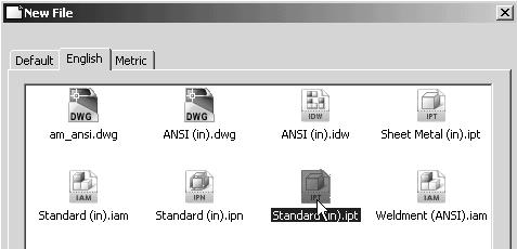 Standard.ipt 4. In the English tab area, select the Standard(in).ipt icon as shown. 5. Pick OK in the New File dialog box to accept the selected settings.