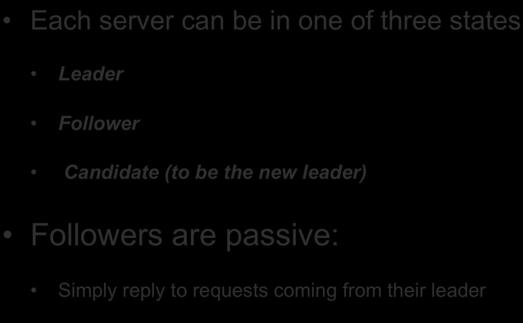 RAFT basic Each server can be in one of three states Leader Follower Candidate (to be