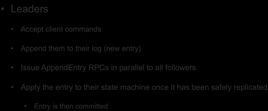 Log replication Leaders Accept client commands Append them to their log (new entry) Issue AppendEntry RPCs in