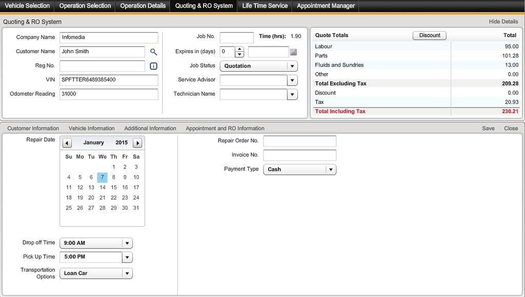 CREATE APPOINTMENTS The service quoting system offers the ability to schedule bookings directly from the Quoting and RO System and save them into the Appointment Manager.