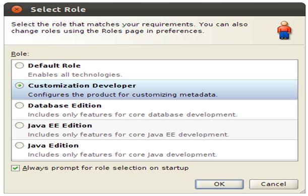 6.6 Customization Role and Context Figure 6 10 Selecting Always Prompt for Role Selection on Start Up 3. On restarting JDeveloper, you will be prompted for role selection.