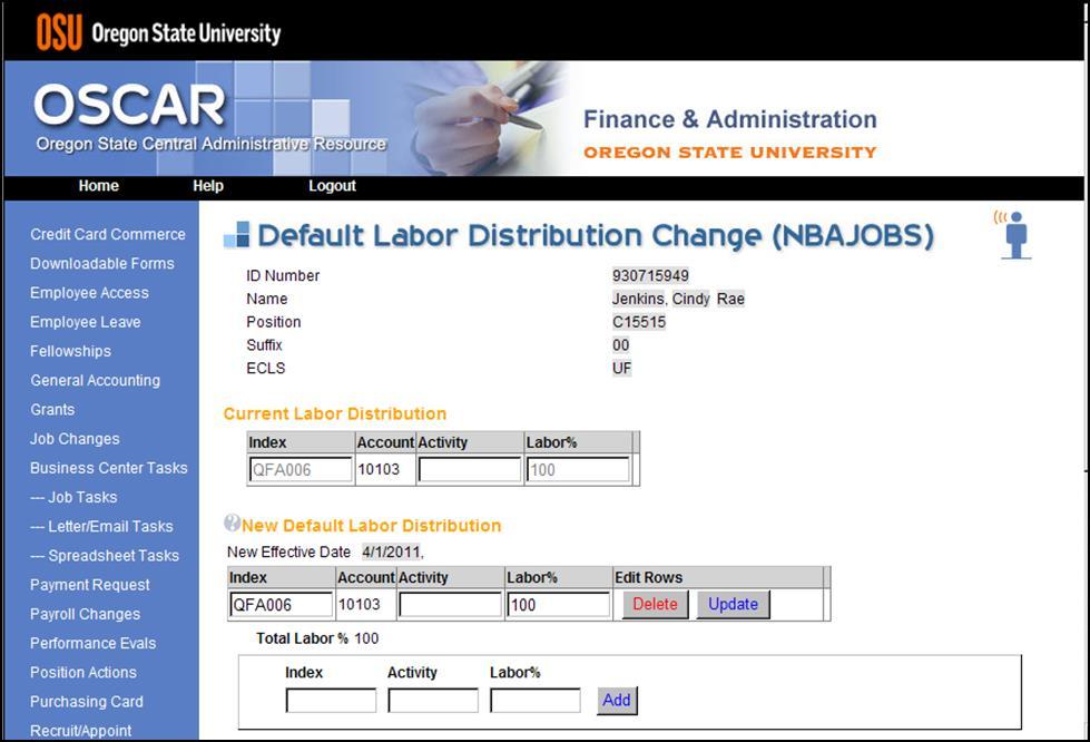 Default Labor Distribution Change (NBAJOBS) The Default Labor Distribution Change is used when changing only the labor distribution; and is used exclusively for current and/or future effective dates.