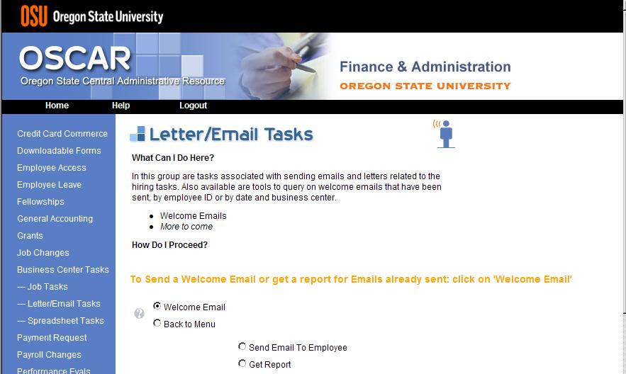 Letter/Email Tasks After selecting Welcome Email,